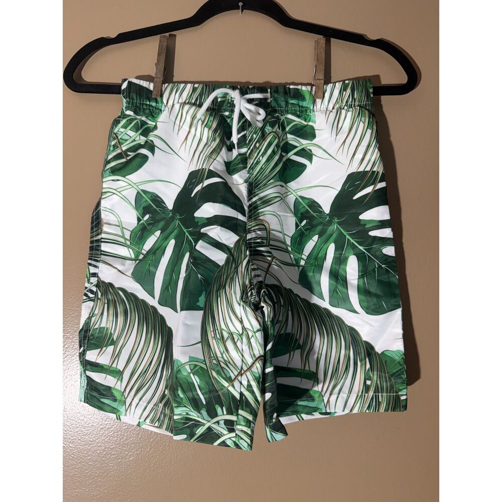 Men’s Tropical Palm Leaf Swim Trunks Shorts Green White Size M